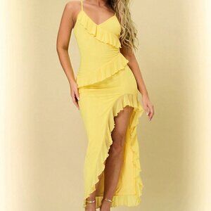 Yellow Boho Women's Solid Color High Slit Halter Neck Dress With Ruffle Hem